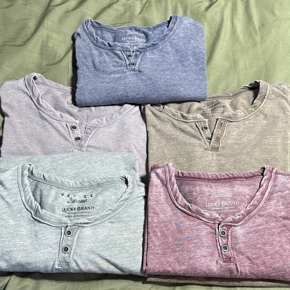 Lucky Brand Men's Short Sleeve Henley- Bundle of 5:Blue, Gray, Tan, Green, Pink
